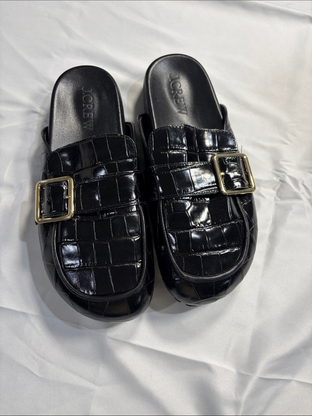 J. Crew Black Croc-Embossed Slip-On Mule with Gold Buckle